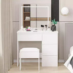 Acekool Scrivania da trucco con specchio illuminato, presa di corrente, sgabello e 4 cassetti, grande tavolo da trucco per camera da letto o spogliatoio