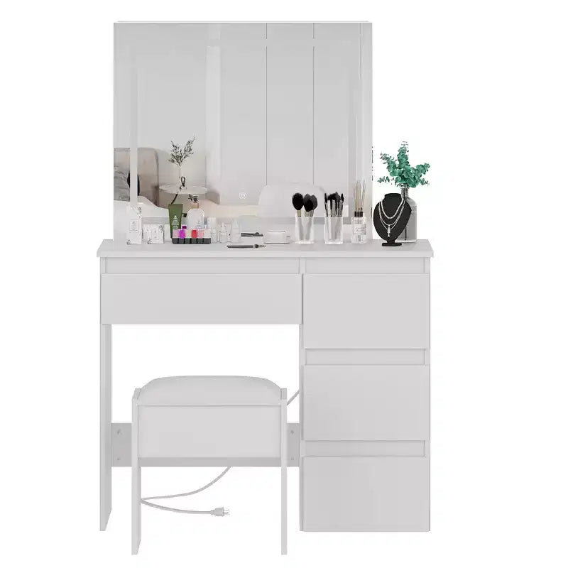 Acekool Scrivania da trucco con specchio illuminato, presa di corrente, sgabello e 4 cassetti, grande tavolo da trucco per camera da letto o spogliatoio