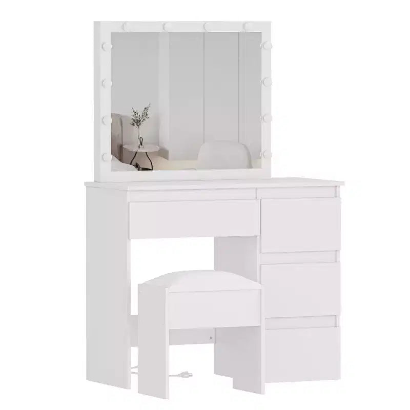 Acekool Scrivania da trucco con specchio illuminato, presa di corrente, sgabello e 4 cassetti, grande tavolo da trucco per camera da letto o spogliatoio