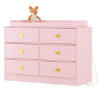 Acekool 6 Drawer Dresser with Changing Table Top, Wide Chest with Power Outlets, Removable Changing Pad, Nursery Storage Organizer for Infant, Pink