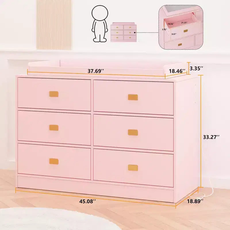 Comò a 6 cassetti Acekool con fasciatoio, cassettiera ampia con prese di corrente, fasciatoio rimovibile, organizer per cameretta neonati, rosa