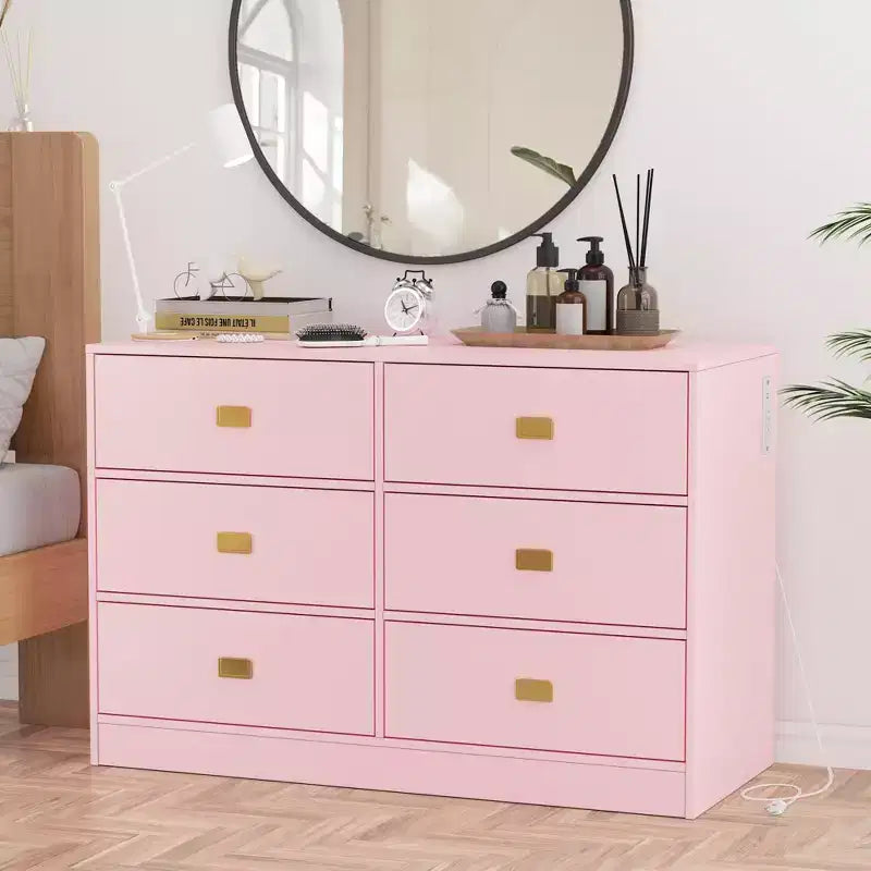 Comò a 6 cassetti Acekool con fasciatoio, cassettiera ampia con prese di corrente, fasciatoio rimovibile, organizer per cameretta neonati, rosa
