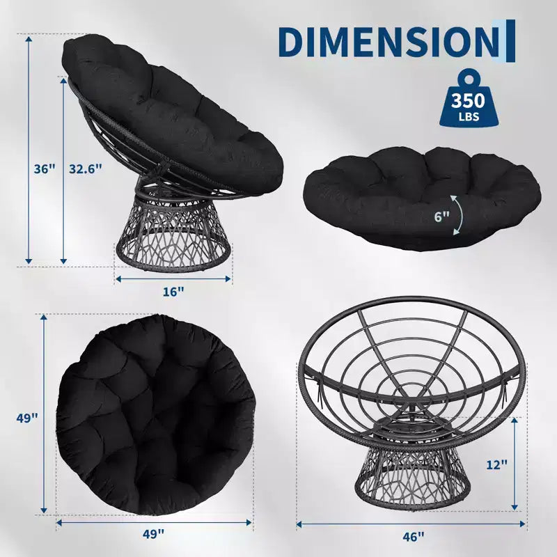 Sedia girevole Papasan in vimini da 37 pollici con cuscino spesso, rotonda, da esterno e interno, per il relax sul patio, telaio in acciaio