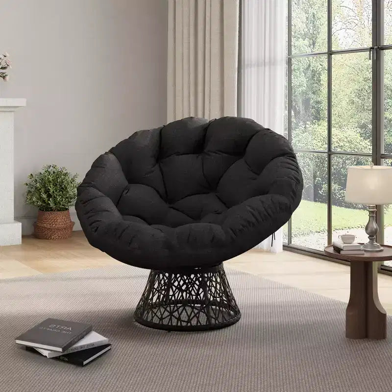 Sedia girevole Papasan in vimini da 37 pollici con cuscino spesso, rotonda, da esterno e interno, per il relax sul patio, telaio in acciaio
