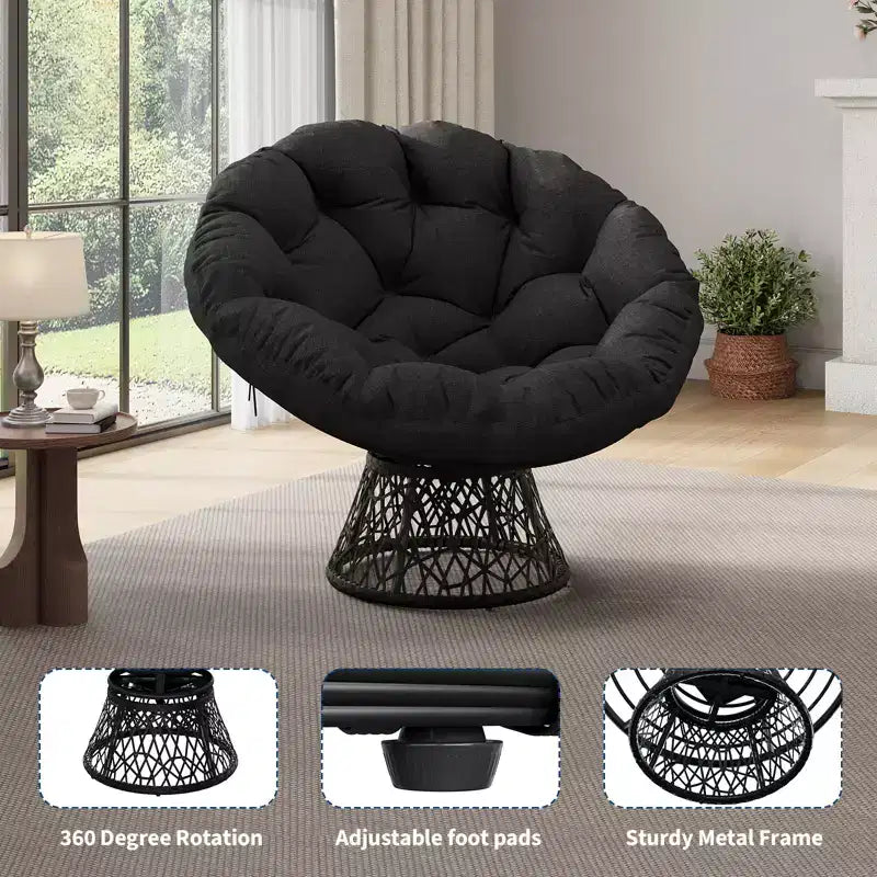 Sedia girevole Papasan in vimini da 37 pollici con cuscino spesso, rotonda, da esterno e interno, per il relax sul patio, telaio in acciaio