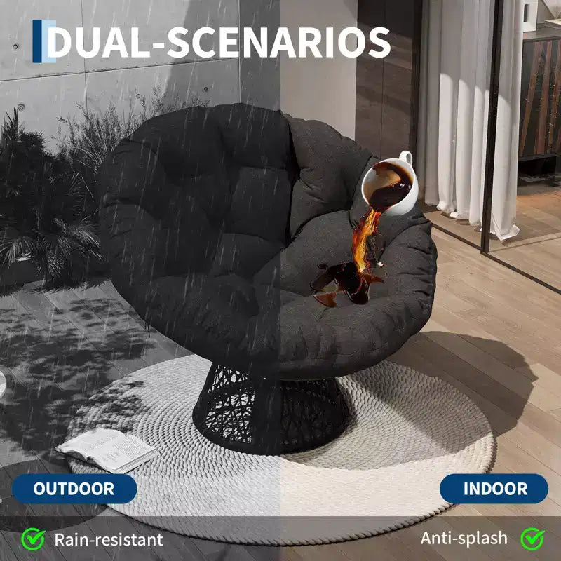 Sedia girevole Papasan in vimini da 37 pollici con cuscino spesso, rotonda, da esterno e interno, per il relax sul patio, telaio in acciaio