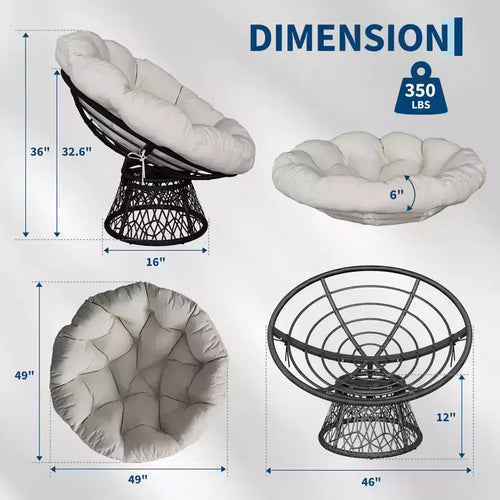 Fauteuil pivotant Papasan en osier de 37 pouces avec coussin épais, fauteuil de salon rond pour l'extérieur et l'intérieur, cadre en acier
