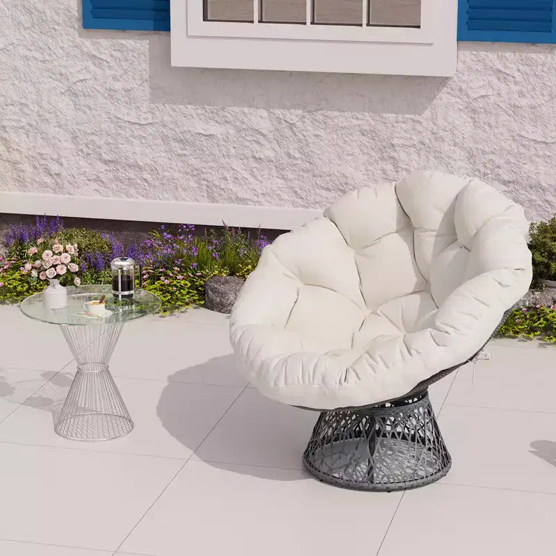 Sedia girevole Papasan in vimini da 37 pollici con cuscino spesso, rotonda, da esterno e interno, per il relax sul patio, telaio in acciaio