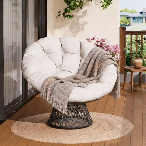 37-Inch Wicker Papasan Swivel Chair with Thick Cushion Round Outdoor Indoor Lounging Patio Seating Steel Frame