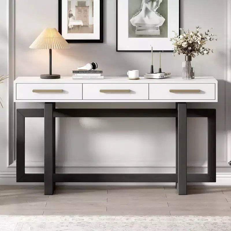 Consolle Okak stile moderno artistico con 3 cassetti, elegante tavolo da ingresso con gambe a incrocio, tavoli da foyer per ingresso, soggiorno