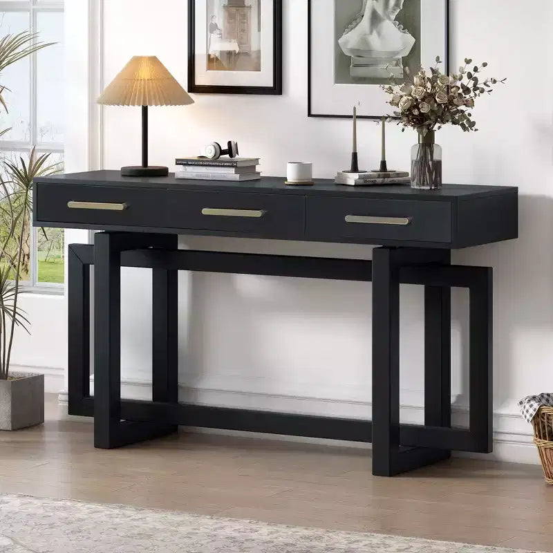 Consolle Okak stile moderno artistico con 3 cassetti, elegante tavolo da ingresso con gambe a incrocio, tavoli da foyer per ingresso, soggiorno