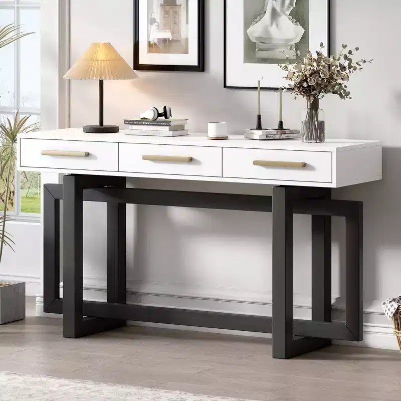 Consolle Okak stile moderno artistico con 3 cassetti, elegante tavolo da ingresso con gambe a incrocio, tavoli da foyer per ingresso, soggiorno