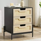 Comodino, Comodino in rattan, Armadietto boho con 3 cassetti, Comodino per camera da letto, Armadietto in rattan, Soggiorno, Naturale, Confezione da 2