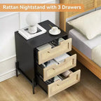 Comodino, Comodino in rattan, Armadietto boho con 3 cassetti, Comodino per camera da letto, Armadietto in rattan, Soggiorno, Naturale, Confezione da 2