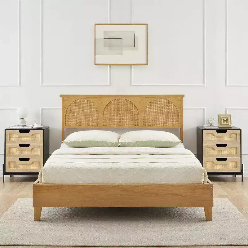 Comodino, Comodino in rattan, Armadietto boho con 3 cassetti, Comodino per camera da letto, Armadietto in rattan, Soggiorno, Naturale, Confezione da 2