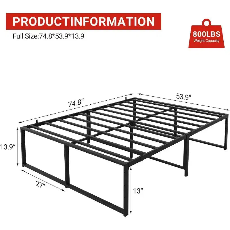 Struttura Letto a Piattaforma Matrimoniale in Metallo con Doghe in Acciaio, Supporto Robusto, 33 cm di Spazio Sotto il Letto, Design Silenzioso e Anti-Vibrazione