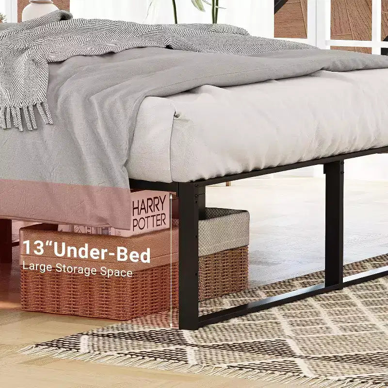 Struttura Letto a Piattaforma Matrimoniale in Metallo con Doghe in Acciaio, Supporto Robusto, 33 cm di Spazio Sotto il Letto, Design Silenzioso e Anti-Vibrazione