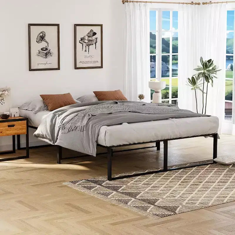 Struttura Letto a Piattaforma Matrimoniale in Metallo con Doghe in Acciaio, Supporto Robusto, 33 cm di Spazio Sotto il Letto, Design Silenzioso e Anti-Vibrazione
