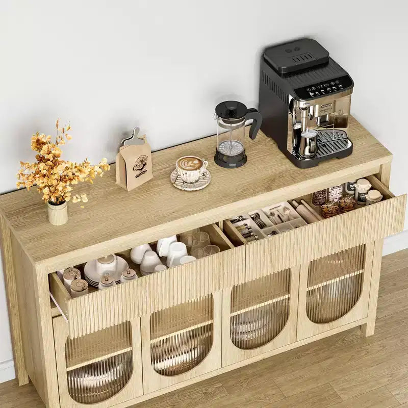 Credenza scanalata con contenitore, mobile da credenza da 55 con 2 cassetti, mobile contenitore da cucina con 4 ante in vetro, tavolo da buffet, mobile bar