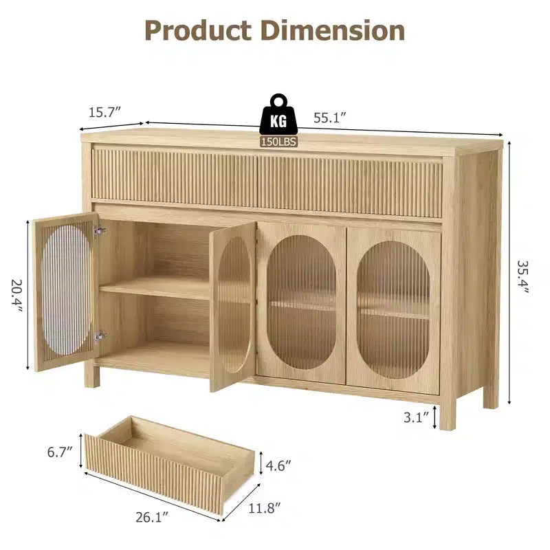 Credenza scanalata con contenitore, mobile da credenza da 55 con 2 cassetti, mobile contenitore da cucina con 4 ante in vetro, tavolo da buffet, mobile bar