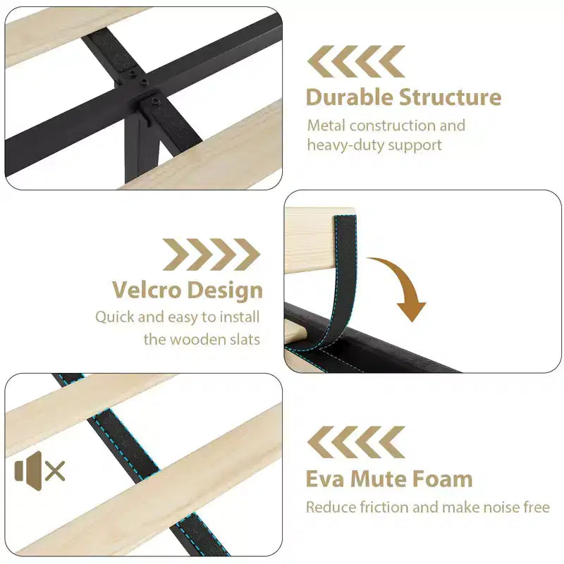 Struttura letto King Size, Struttura letto a piattaforma con testiera imbottita in velluto da 50.2'', Decorazione con rivetti, Robuste doghe in legno, Non richiede molle, Nero