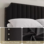 Struttura letto King Size, Struttura letto a piattaforma con testiera imbottita in velluto da 50.2'', Decorazione con rivetti, Robuste doghe in legno, Non richiede molle, Nero