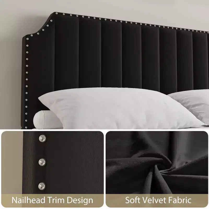Struttura letto King Size, Struttura letto a piattaforma con testiera imbottita in velluto da 50.2'', Decorazione con rivetti, Robuste doghe in legno, Non richiede molle, Nero