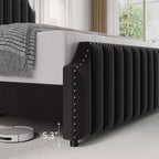 Struttura letto King Size, Struttura letto a piattaforma con testiera imbottita in velluto da 50.2'', Decorazione con rivetti, Robuste doghe in legno, Non richiede molle, Nero