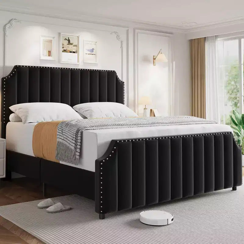 Struttura letto King Size, Struttura letto a piattaforma con testiera imbottita in velluto da 50.2'', Decorazione con rivetti, Robuste doghe in legno, Non richiede molle, Nero