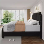 Struttura letto King Size, Struttura letto a piattaforma con testiera imbottita in velluto da 50.2'', Decorazione con rivetti, Robuste doghe in legno, Non richiede molle, Nero