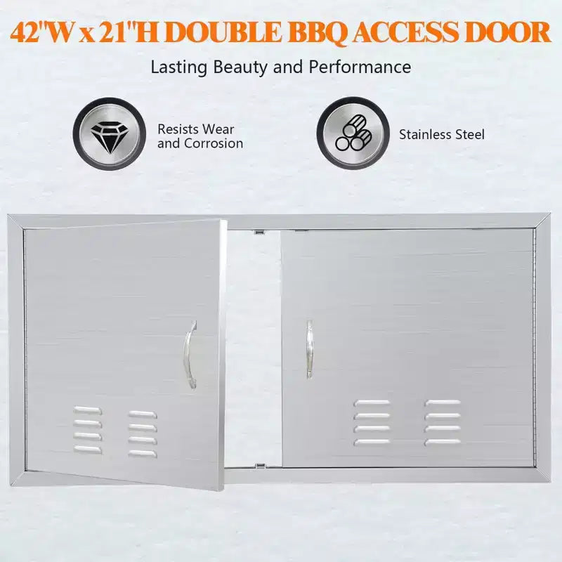 Sportello per Cucina Esterna, 42L x21A in Acciaio Inox, Montaggio a Filo, Impermeabile, Resistente alla Corrosione, con Ventilazione, per Isola/Mobile Barbecue