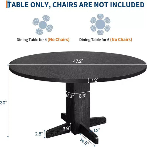 Tavolo da pranzo rotondo nero da 120 cm per 4-6 persone, stile rustico, base robusta a piedistallo, ideale per soggiorno, appartamento, sala da pranzo