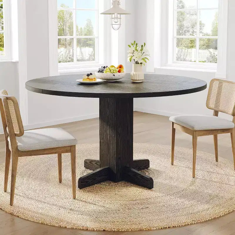 Tavolo da pranzo rotondo nero da 120 cm per 4-6 persone, stile rustico, base robusta a piedistallo, ideale per soggiorno, appartamento, sala da pranzo
