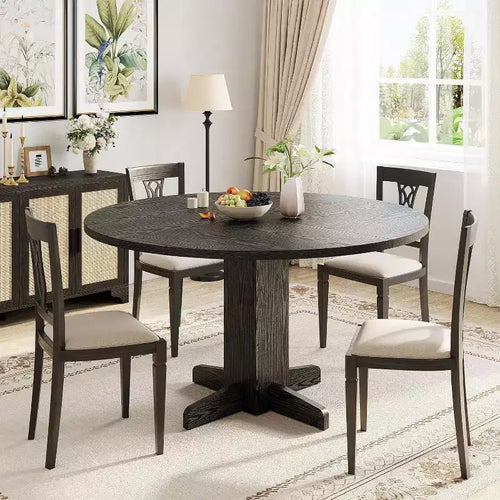 47-Inch Black Round Dining Table for 4-6 C Farmhouse Style C Sturdy Pedestal Base C Ideal for Living Room, Apartment, Dining Room