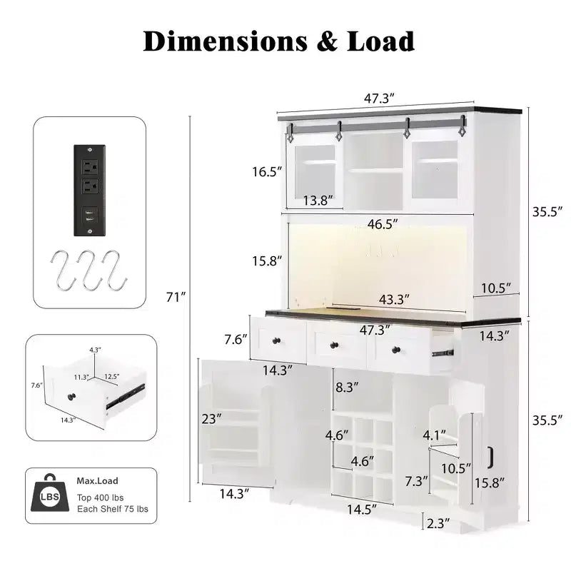 Dispensa da 71 pollici da fattoria con mobile bar e scaffale, credenza rustica da cucina per caffè con vetrina, porta scorrevole, presa di corrente, pannello forato, 3 cassetti, bianco