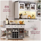 Dispensa da 71 pollici da fattoria con mobile bar e scaffale, credenza rustica da cucina per caffè con vetrina, porta scorrevole, presa di corrente, pannello forato, 3 cassetti, bianco
