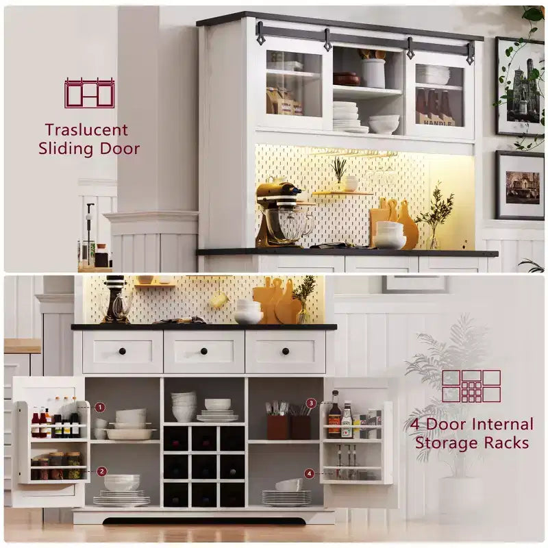 Dispensa da 71 pollici da fattoria con mobile bar e scaffale, credenza rustica da cucina per caffè con vetrina, porta scorrevole, presa di corrente, pannello forato, 3 cassetti, bianco