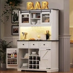 Dispensa da 71 pollici da fattoria con mobile bar e scaffale, credenza rustica da cucina per caffè con vetrina, porta scorrevole, presa di corrente, pannello forato, 3 cassetti, bianco