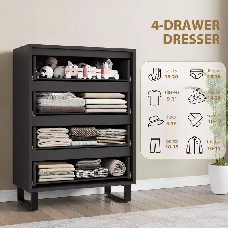 Comodino per Camera da Letto con 4 Cassetti, Comò Alto 105 cm, Mobile Verticale Indipendente con Cassetti e Vano Contenitore, Cassettiera in Legno per Armadio