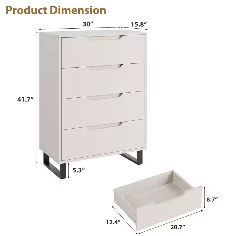Comodino per Camera da Letto con 4 Cassetti, Comò Alto 105 cm, Mobile Verticale Indipendente con Cassetti e Vano Contenitore, Cassettiera in Legno per Armadio