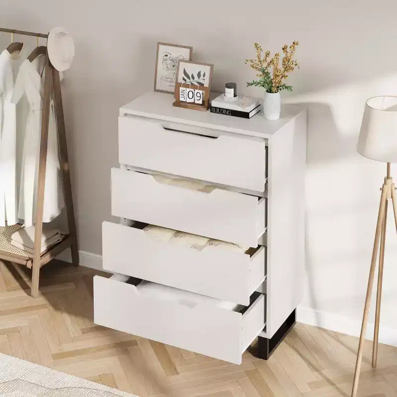 Comodino per Camera da Letto con 4 Cassetti, Comò Alto 105 cm, Mobile Verticale Indipendente con Cassetti e Vano Contenitore, Cassettiera in Legno per Armadio