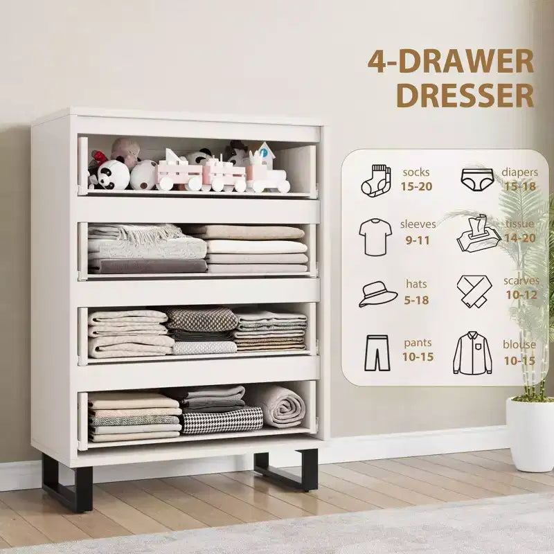Comodino per Camera da Letto con 4 Cassetti, Comò Alto 105 cm, Mobile Verticale Indipendente con Cassetti e Vano Contenitore, Cassettiera in Legno per Armadio