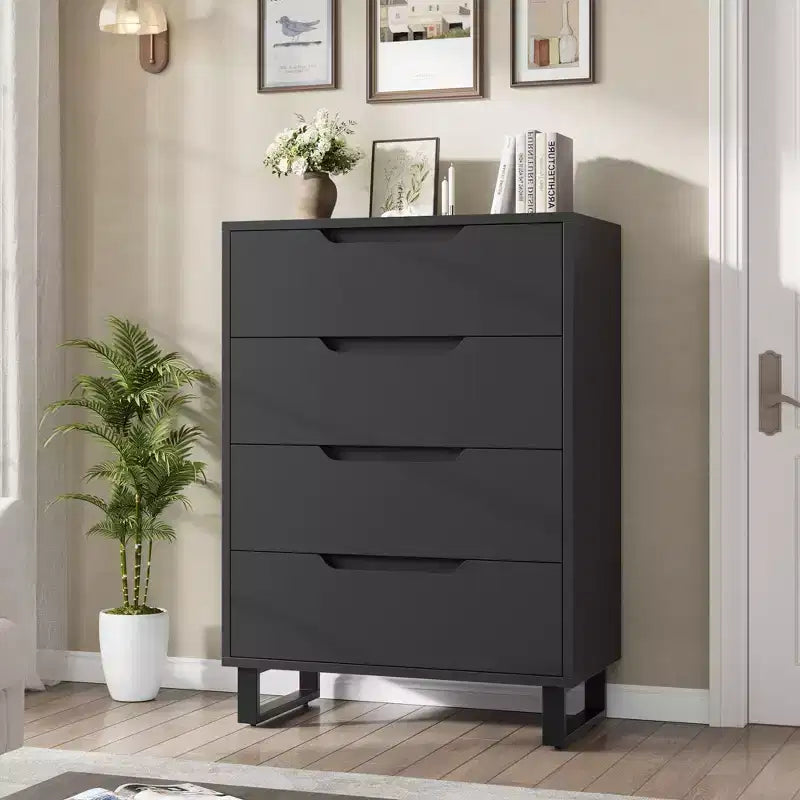 Comodino per Camera da Letto con 4 Cassetti, Comò Alto 105 cm, Mobile Verticale Indipendente con Cassetti e Vano Contenitore, Cassettiera in Legno per Armadio