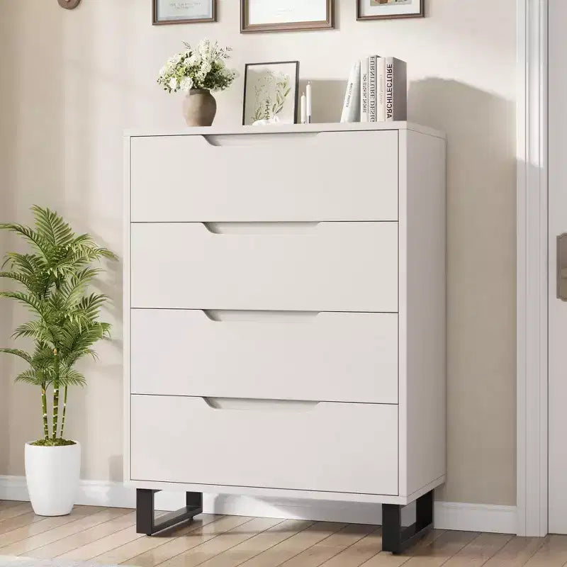 Comodino per Camera da Letto con 4 Cassetti, Comò Alto 105 cm, Mobile Verticale Indipendente con Cassetti e Vano Contenitore, Cassettiera in Legno per Armadio