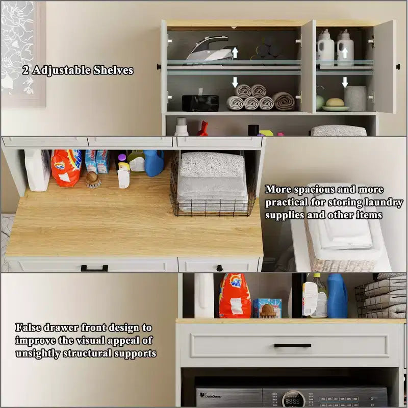 AndMakers Mobiletto portabiancheria bianco antico con ripiani regolabili, 105 cm (L) x 60 cm (P) x 182 cm (A)