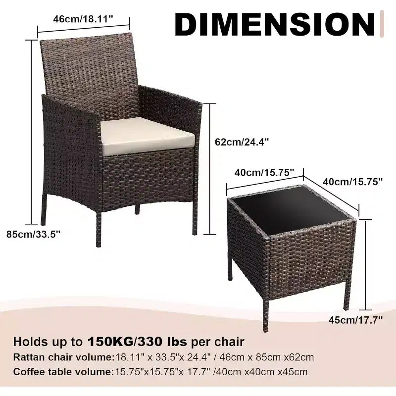 COZONY Set da 3 pezzi per patio esterno, 2 sedie in vimini di PE con tavolo da caffè in vetro e cuscino spesso per balcone, piscina, portico, cortile