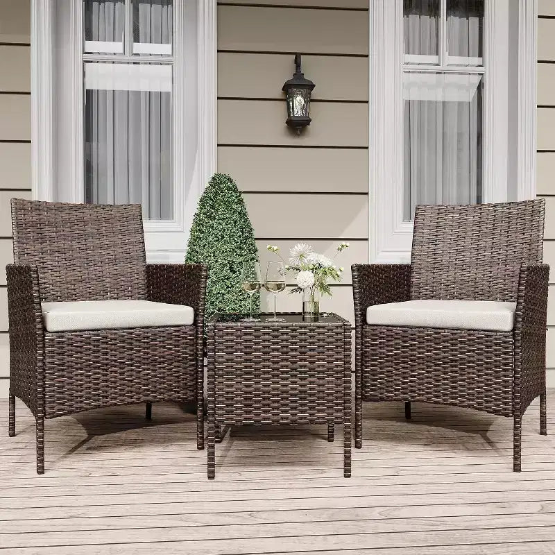 COZONY Set da 3 pezzi per patio esterno, 2 sedie in vimini di PE con tavolo da caffè in vetro e cuscino spesso per balcone, piscina, portico, cortile