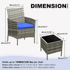 COZONY Set da 3 pezzi per patio esterno, 2 sedie in vimini di PE con tavolo da caffè in vetro e cuscino spesso per balcone, piscina, portico, cortile