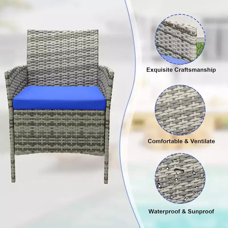 COZONY Set da 3 pezzi per patio esterno, 2 sedie in vimini di PE con tavolo da caffè in vetro e cuscino spesso per balcone, piscina, portico, cortile
