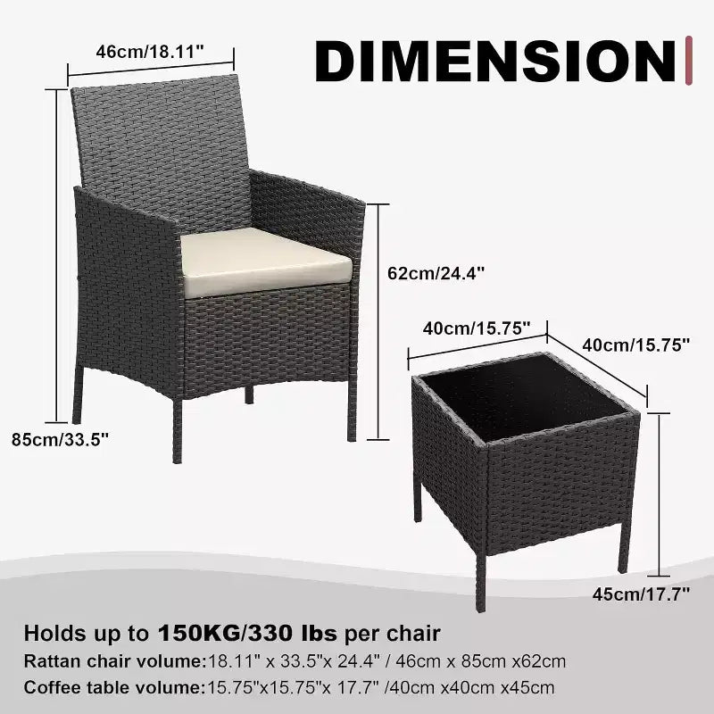 COZONY Set da 3 pezzi per patio esterno, 2 sedie in vimini di PE con tavolo da caffè in vetro e cuscino spesso per balcone, piscina, portico, cortile